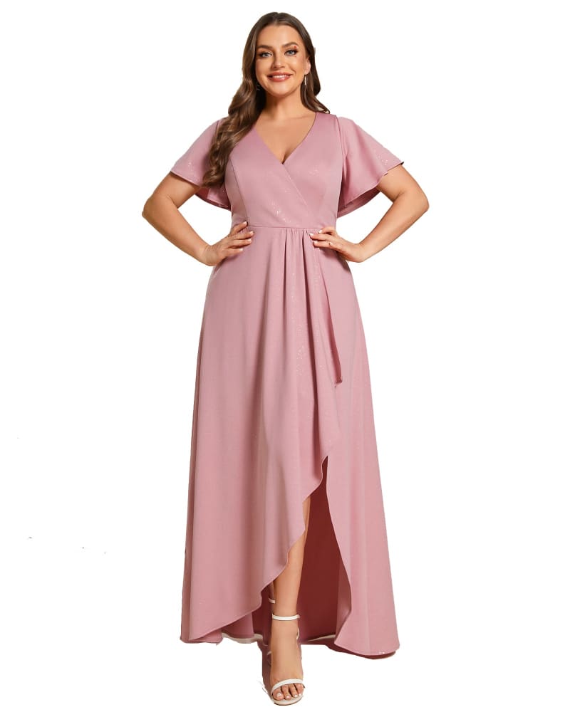 Front of a model wearing a size 16 Glitter High-Low Front Side Slit Ruffled V-Neck Evening Dress in Dusty Rose by Ever-Pretty. | dia_product_style_image_id:328306